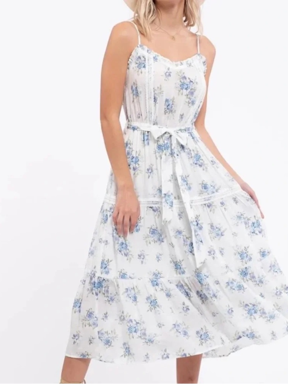 MINE Cottagecore Blue Floral Lace Ruffle Tiered Midi Dress Tie Waist Size Medium
